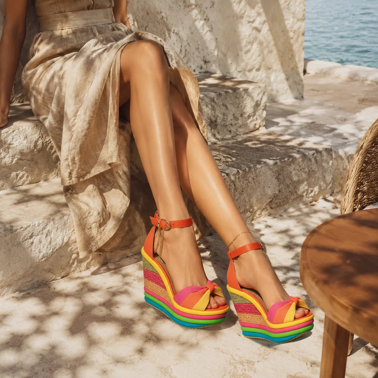 Soft Coral Women's Open-Toe Wedge Suede Ankle-Strap Platform Sandals lifestyle scene