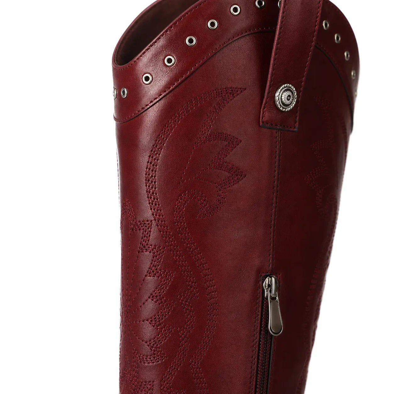 Deep Red Vasto Sheepskin Square-Heel Boots close-up detail
