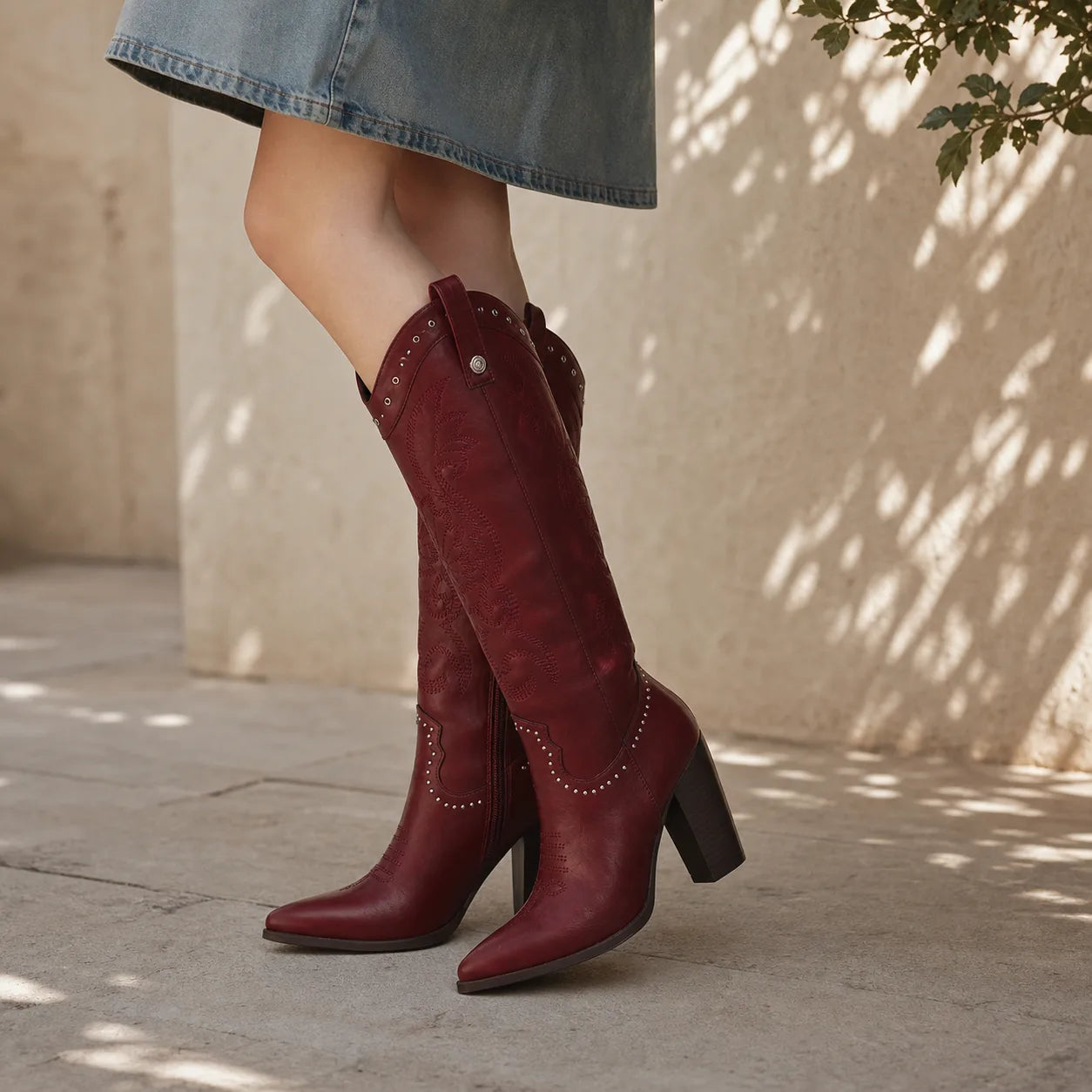 Deep Red Vasto Sheepskin Square-Heel Boots on-foot view