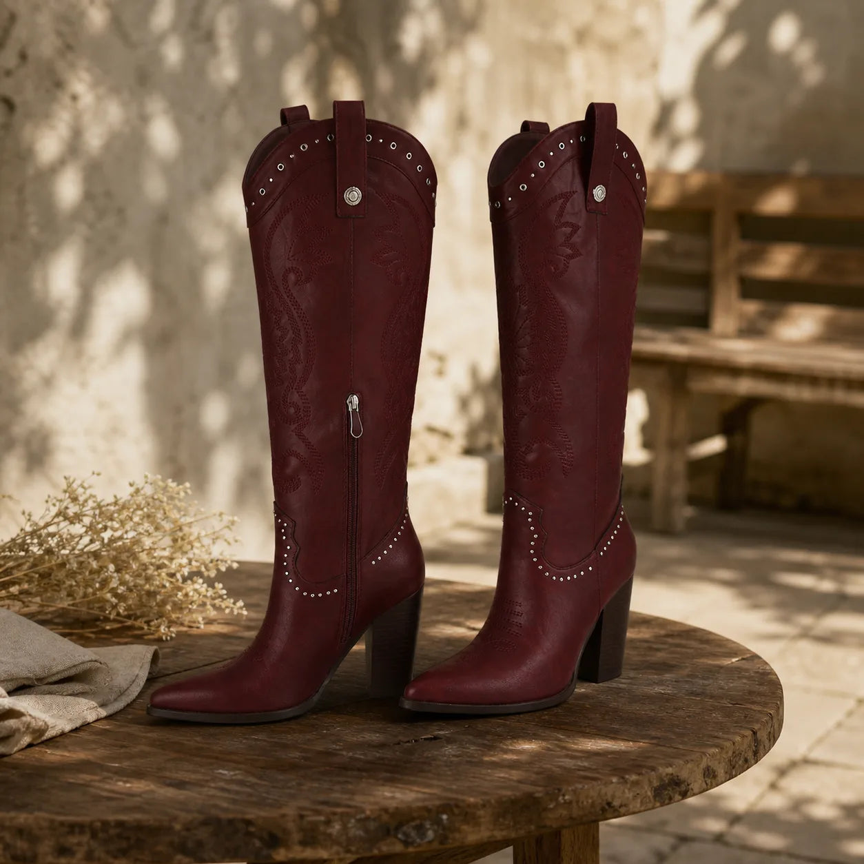 Deep Red Vasto Sheepskin Square-Heel Boots styled scene