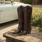 Rich Chocolate Vasto Sheepskin Square-Heel Boots styled scene