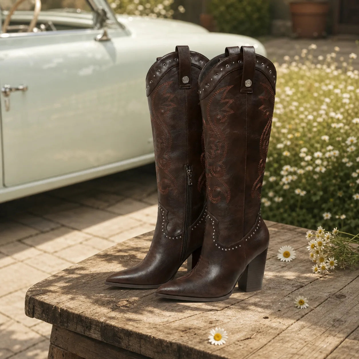 Rich Chocolate Vasto Sheepskin Square-Heel Boots styled scene