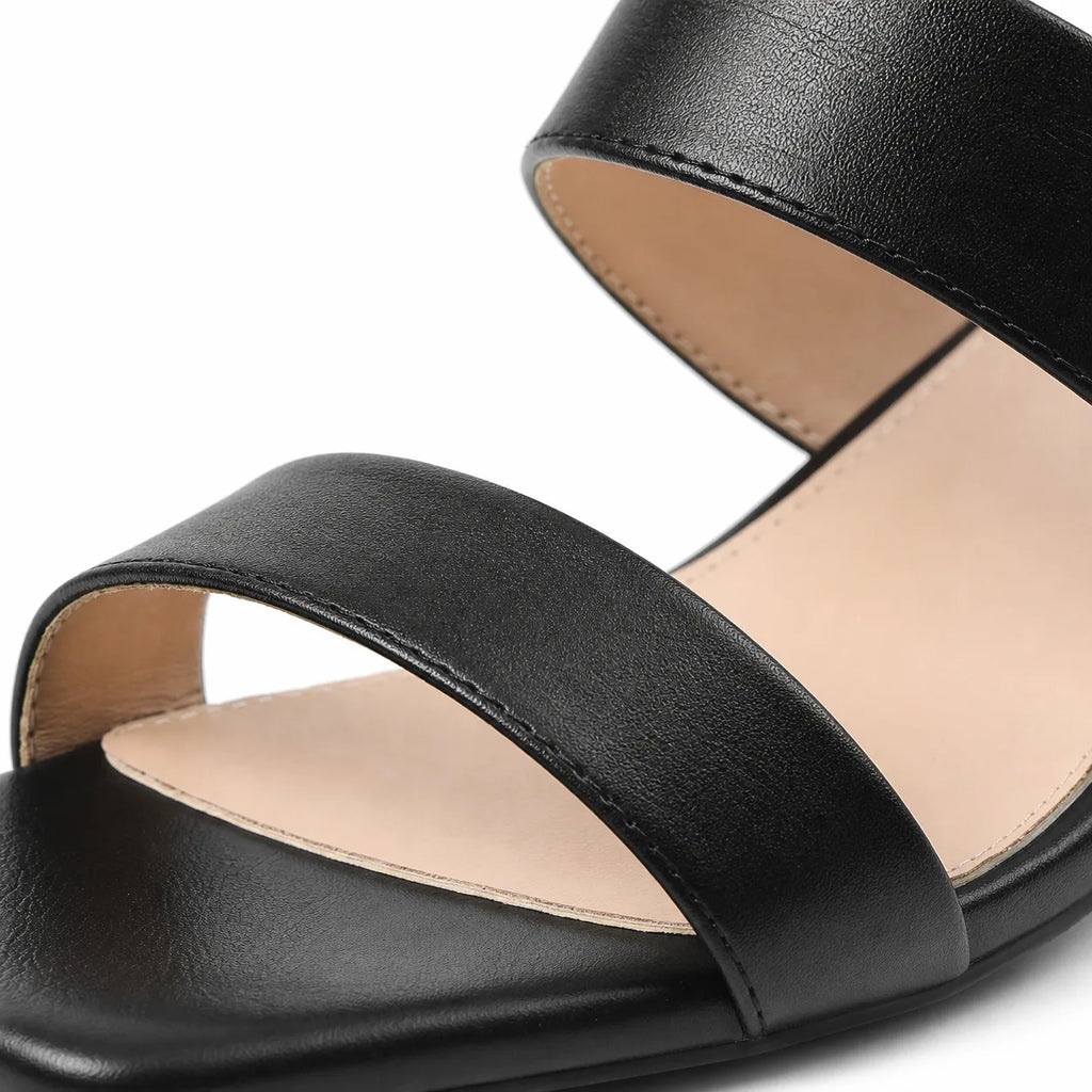 Deep Black Priscilla Leather Square-Heel Sandals close-up detail