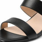 Deep Black Priscilla Leather Square-Heel Sandals close-up detail
