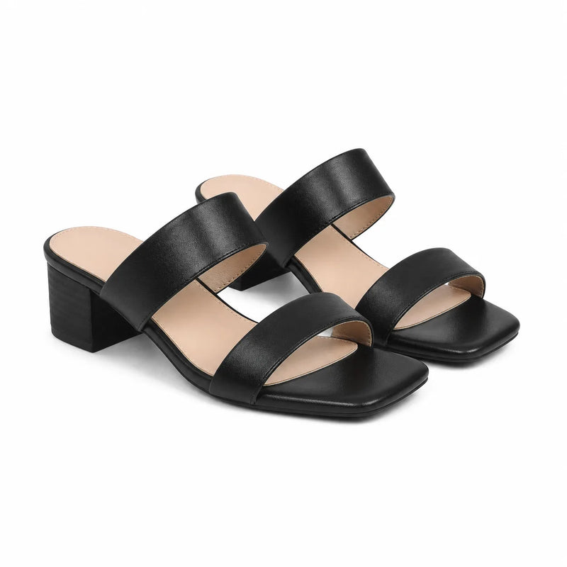 Deep Black Priscilla Leather Square-Heel Sandals