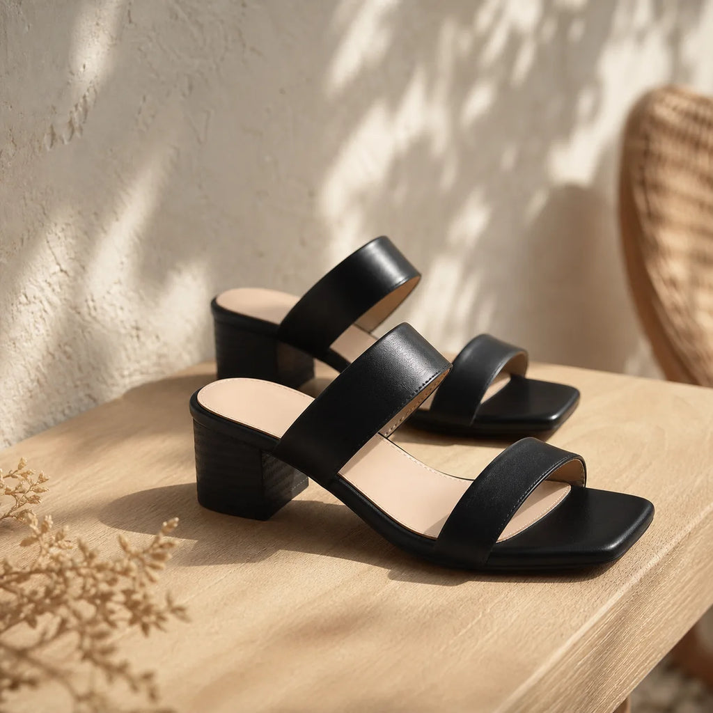 Deep Black Priscilla Leather Square-Heel Sandals styled scene