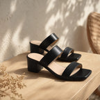Deep Black Priscilla Leather Square-Heel Sandals styled scene