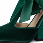 Sage Green Spello Velvet Block-Heel Pumps close-up detail