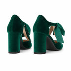 Sage Green Spello Velvet Block-Heel Pumps heel detail