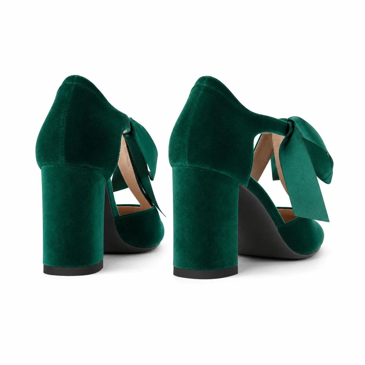 Sage Green Spello Velvet Block-Heel Pumps heel detail