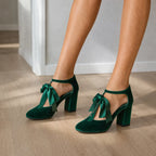 Sage Green Spello Velvet Block-Heel Pumps on-foot view