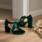 Sage Green Spello Velvet Block-Heel Pumps styled scene