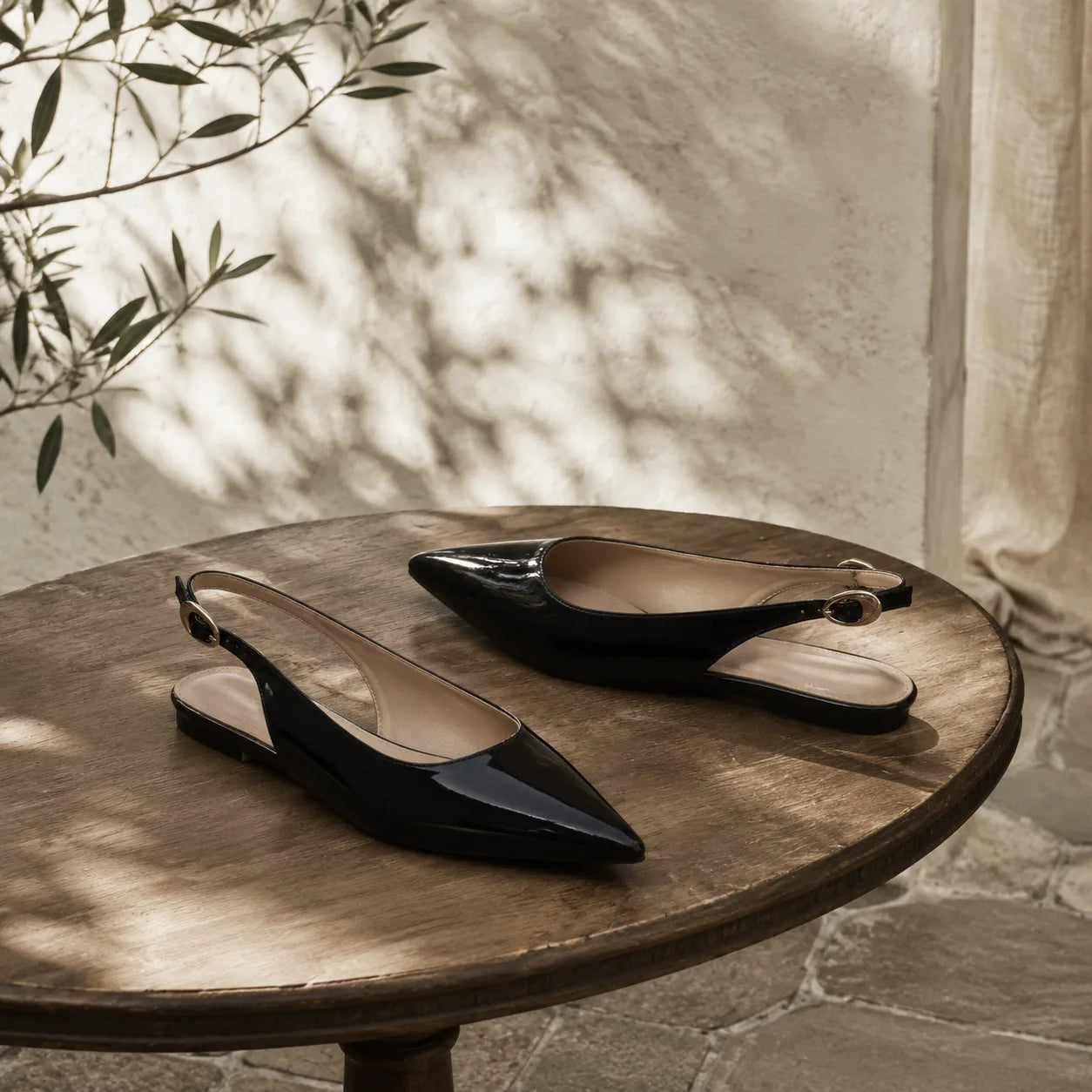 Deep Black Velia Buckle Leather Flats styled scene