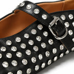Deep Black Pienza Buckle Leather Flats close-up detail