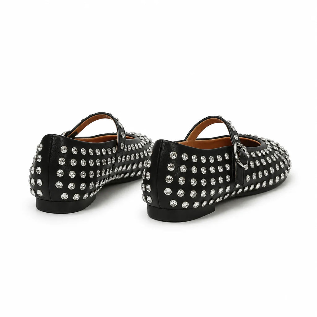 Deep Black Pienza Buckle Leather Flats heel detail