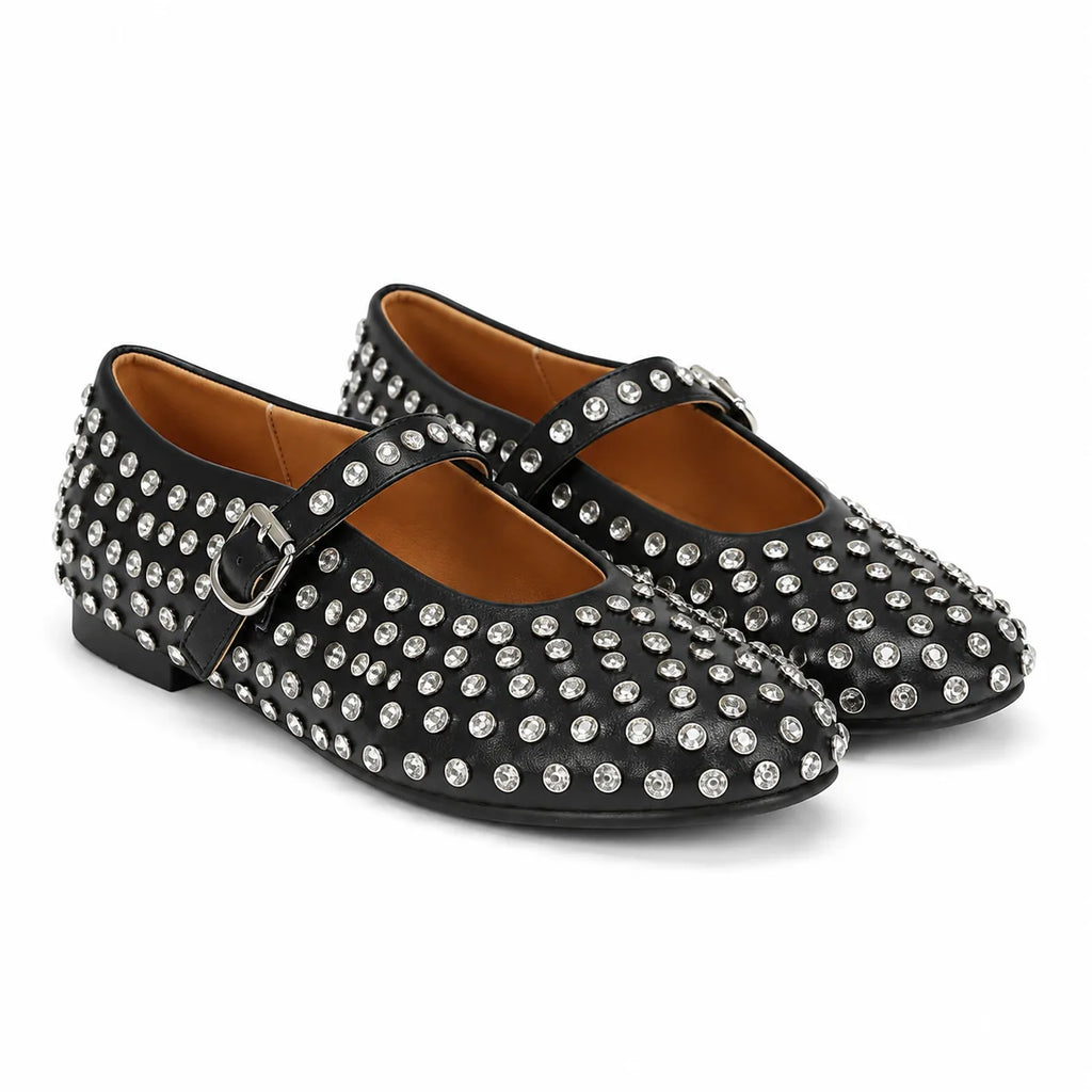 Deep Black Pienza Buckle Leather Flats