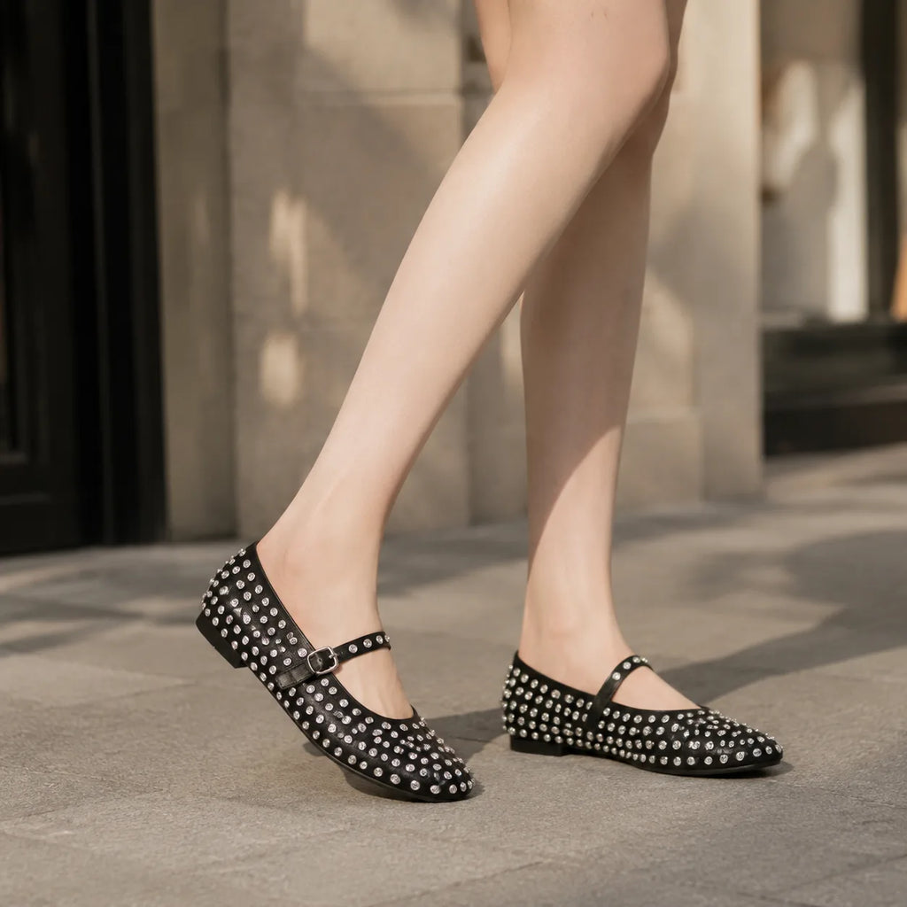 Deep Black Pienza Buckle Leather Flats on-foot view