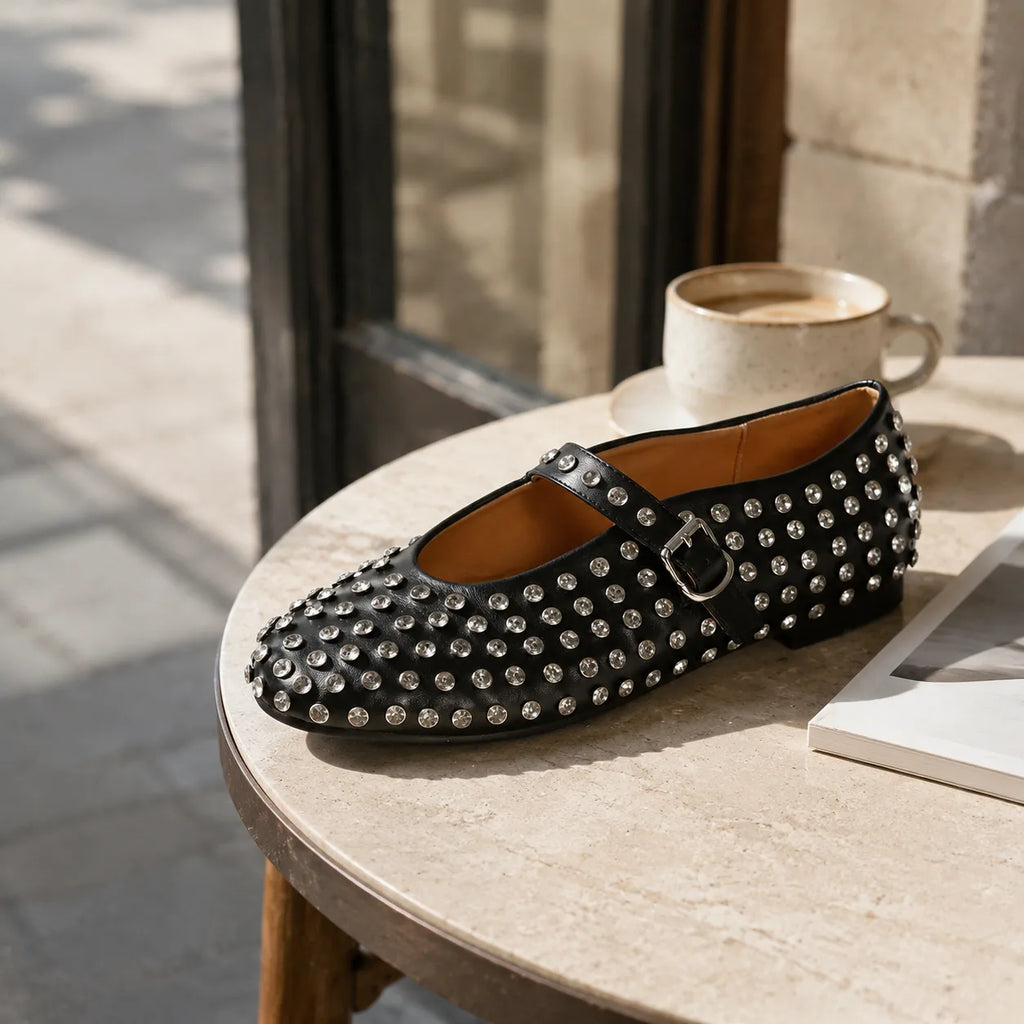 Deep Black Pienza Buckle Leather Flats styled scene