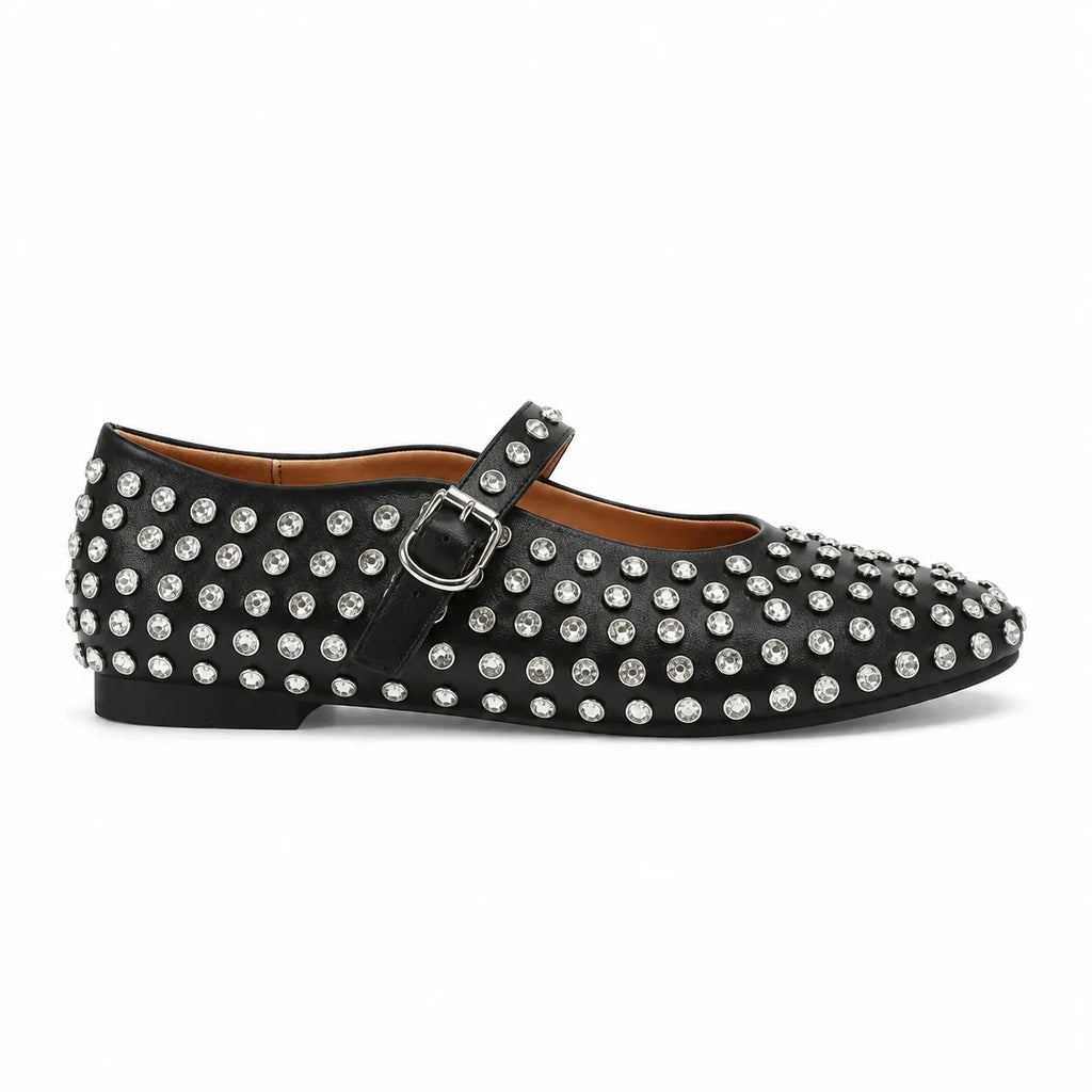 Deep Black Pienza Buckle Leather Flats side view