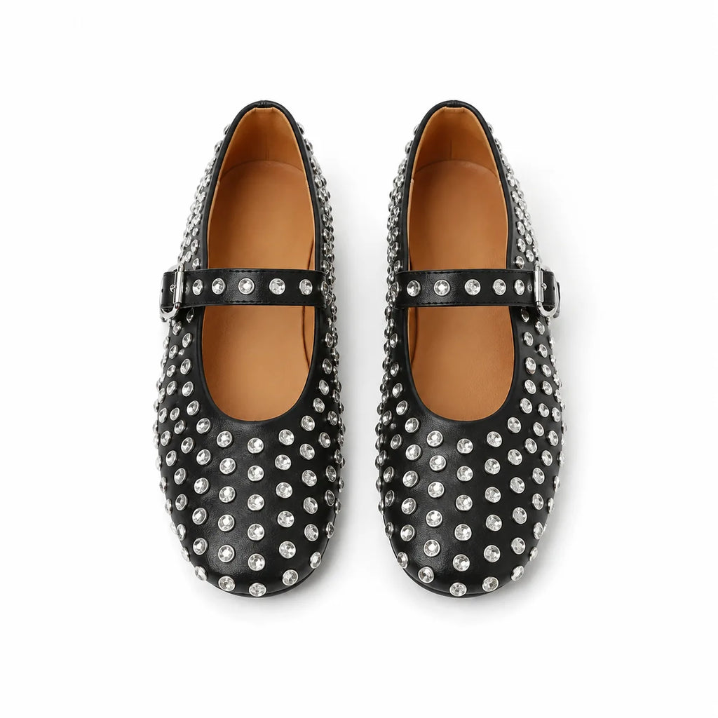 Deep Black Pienza Buckle Leather Flats top view