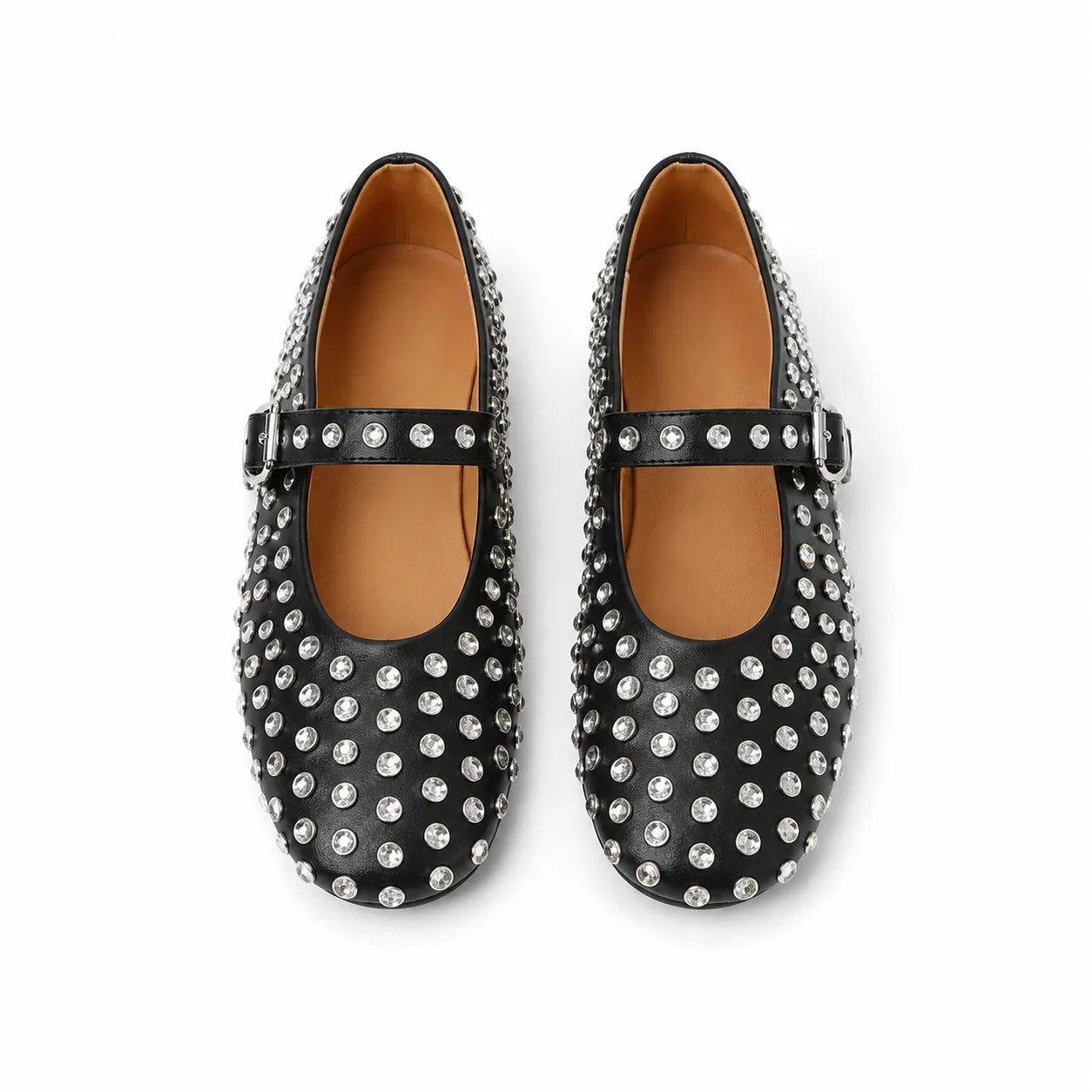 Deep Black Pienza Buckle Leather Flats top view