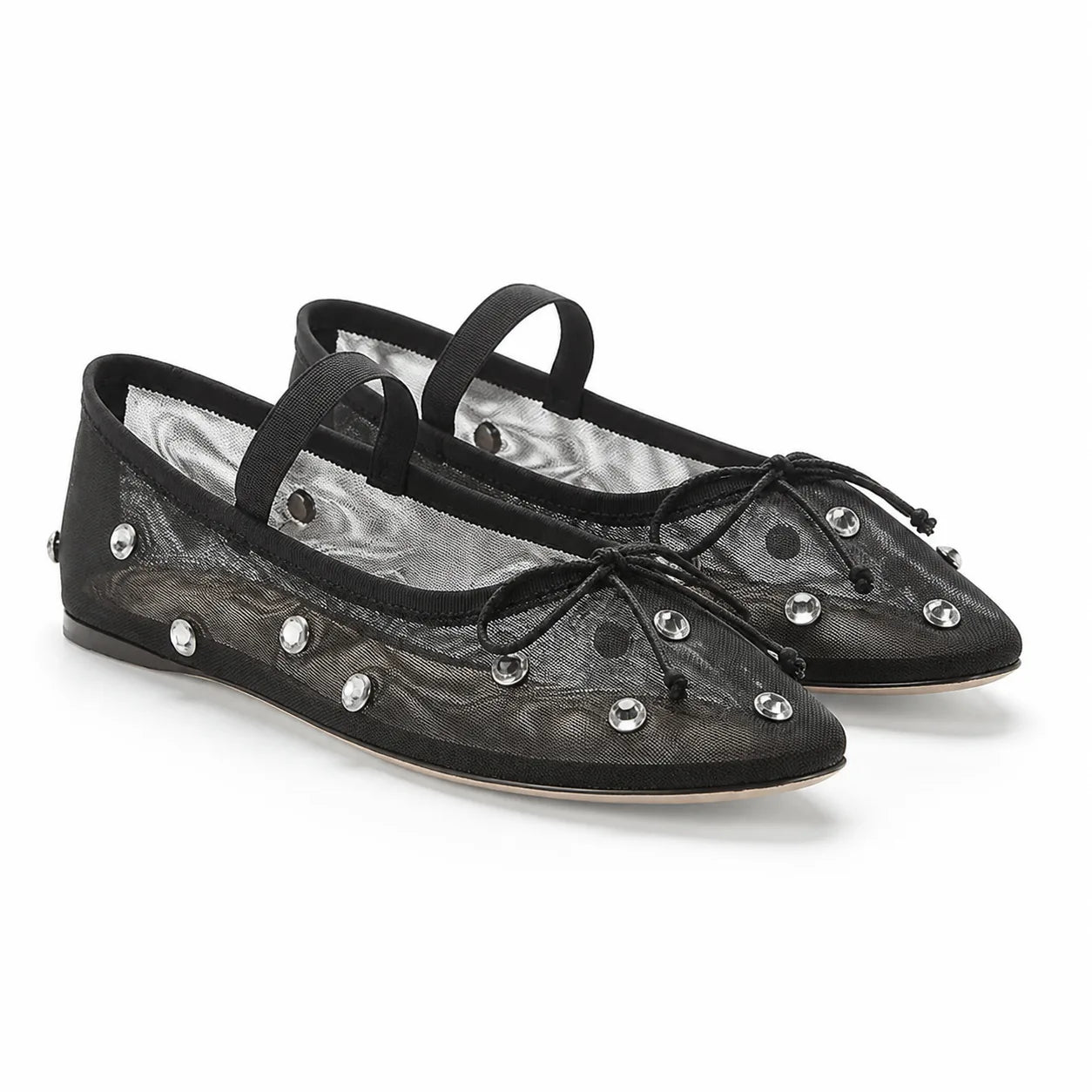 Deep Black Women's Pointed-Toe Mesh Elastic Mary Janes