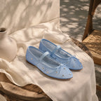 Hazy Blue Women's Pointed-Toe Mesh Elastic Mary Janes styled scene