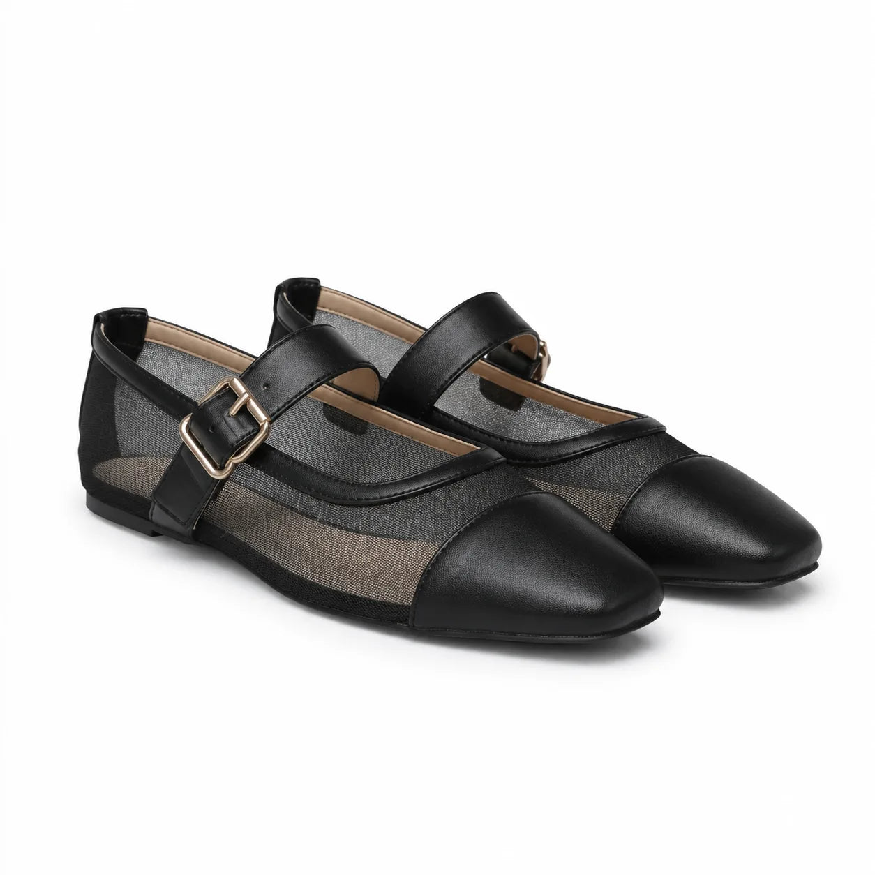 Black Mesh Narni Buckle Microfiber Flatforms