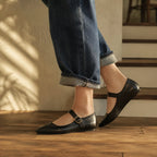 Deep Black Narni Buckle Microfiber Flatforms on-foot view