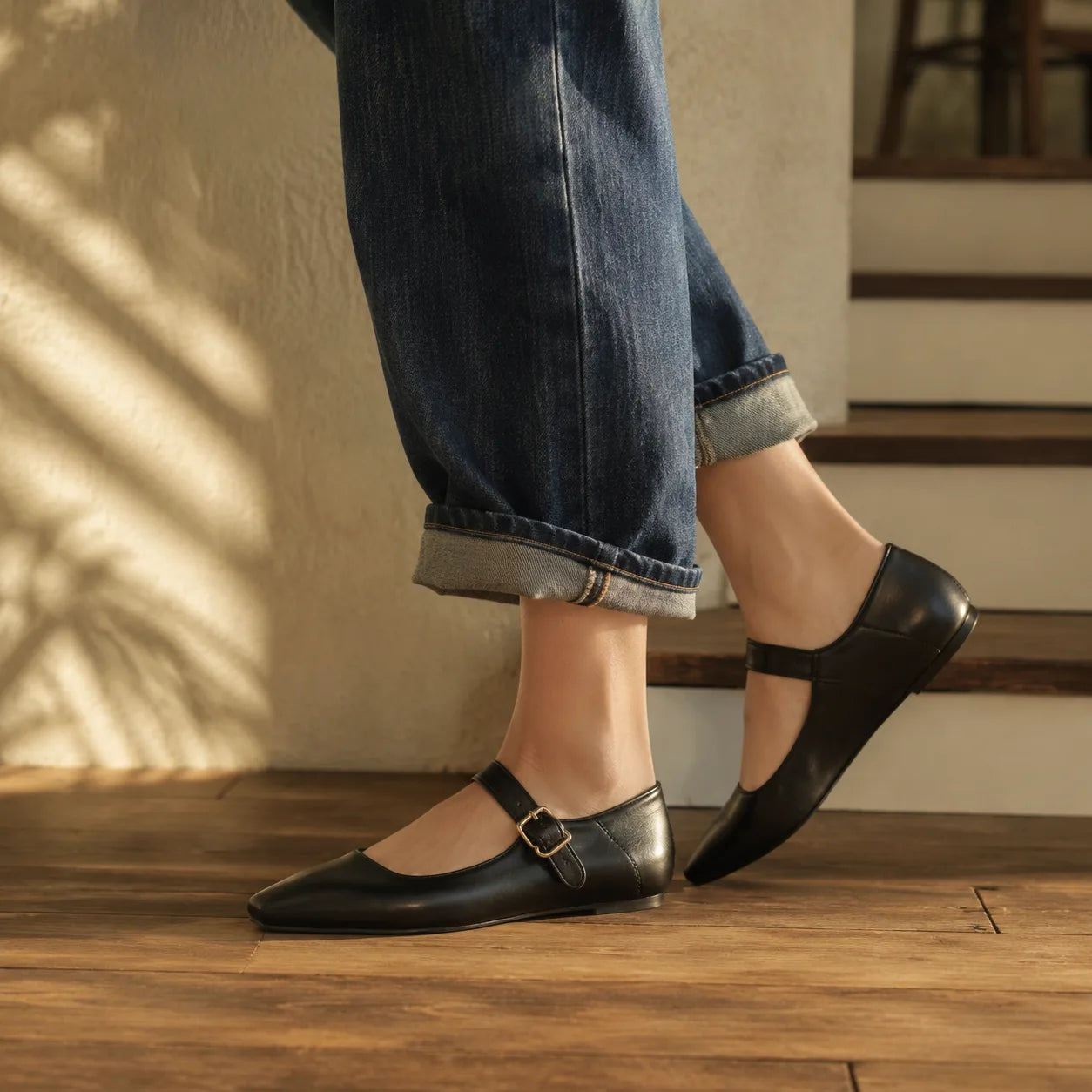 Deep Black Narni Buckle Microfiber Flatforms on-foot view