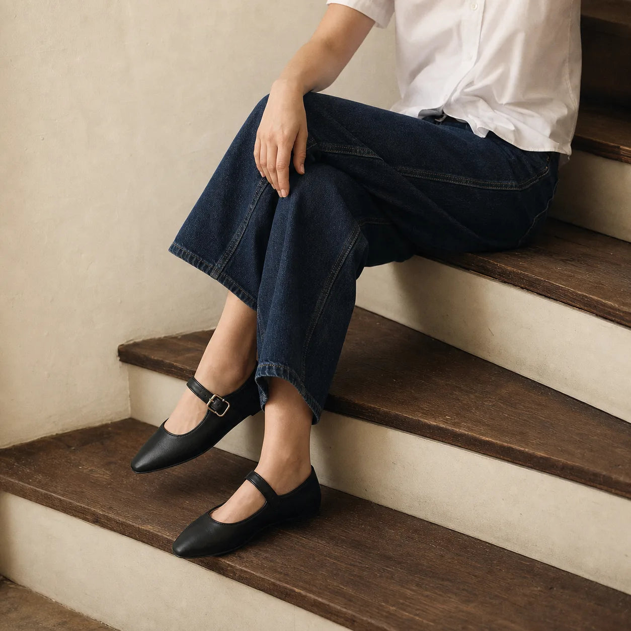 Deep Black Narni Buckle Microfiber Flatforms lifestyle scene