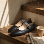 Deep Black Narni Buckle Microfiber Flatforms styled scene