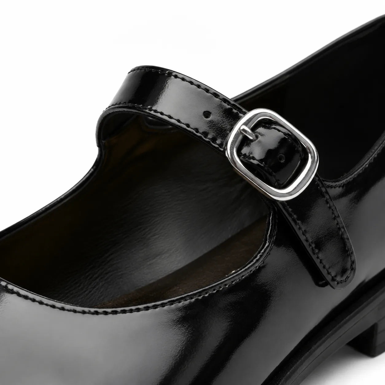 Deep Black Subiaco Buckle Leather Flats close-up detail