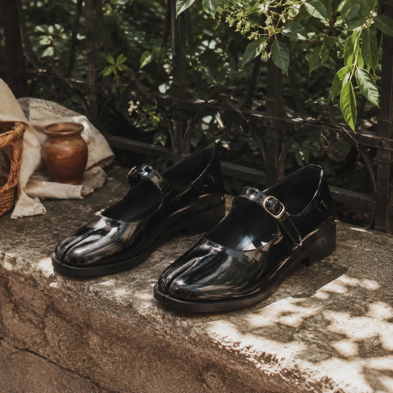 Deep Black Subiaco Buckle Leather Flats styled scene