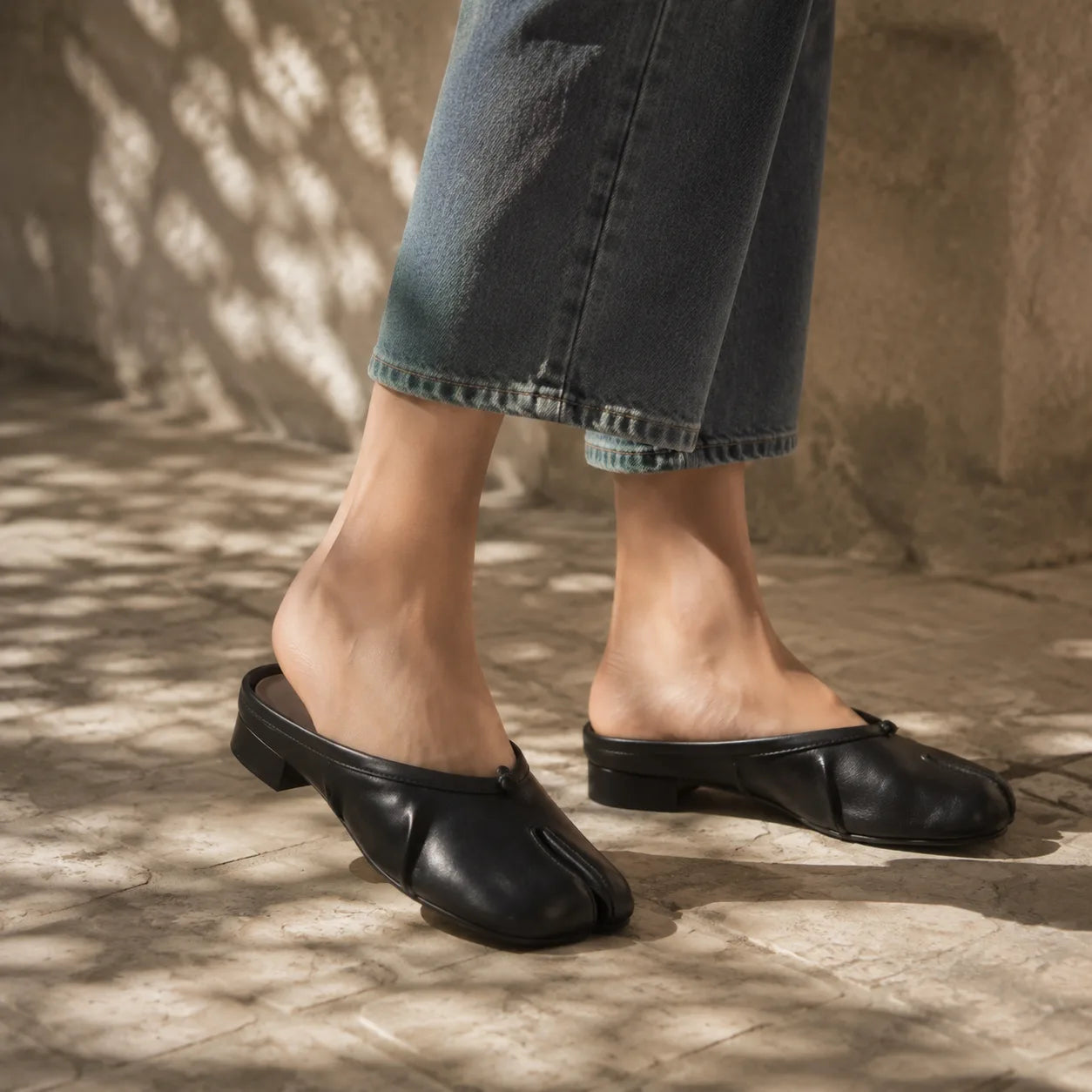 Deep Black Torgiano Leather Slip-On Mules on-foot view