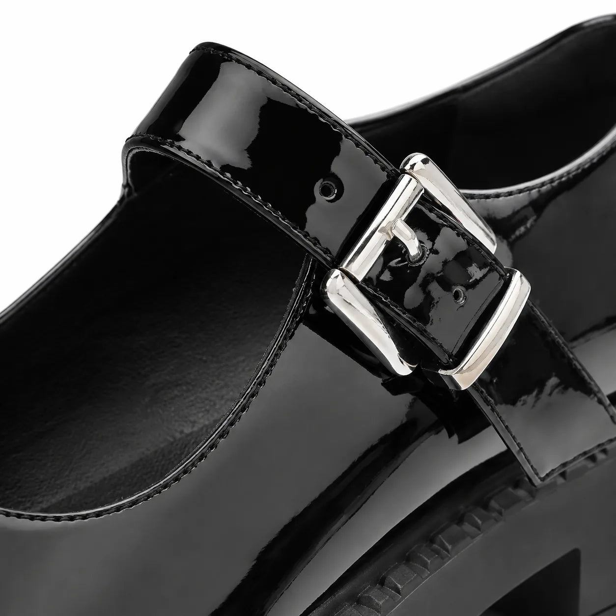 Black Patent Deruta Buckle Microfiber Shoes close-up detail