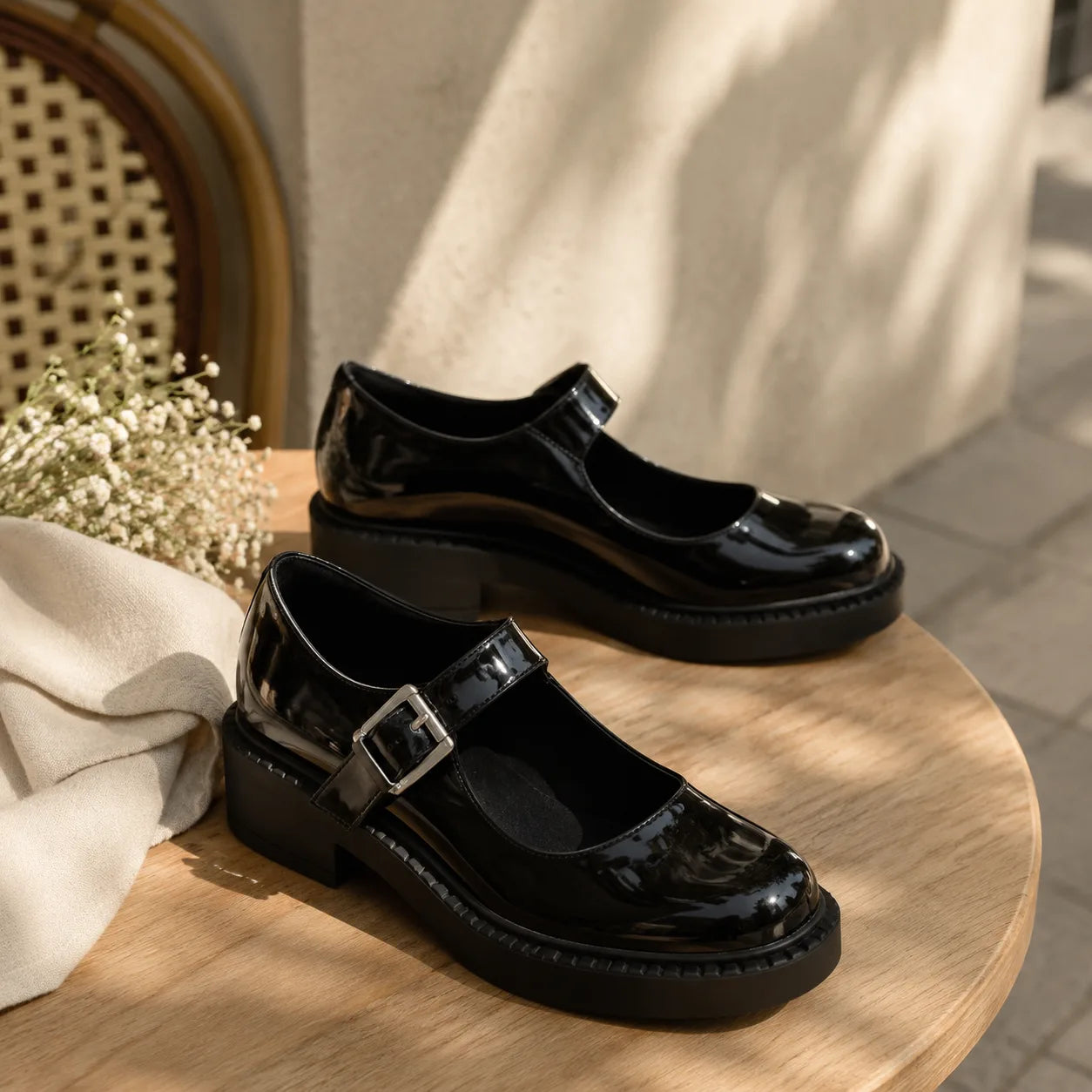 Black Patent Deruta Buckle Microfiber Shoes styled scene