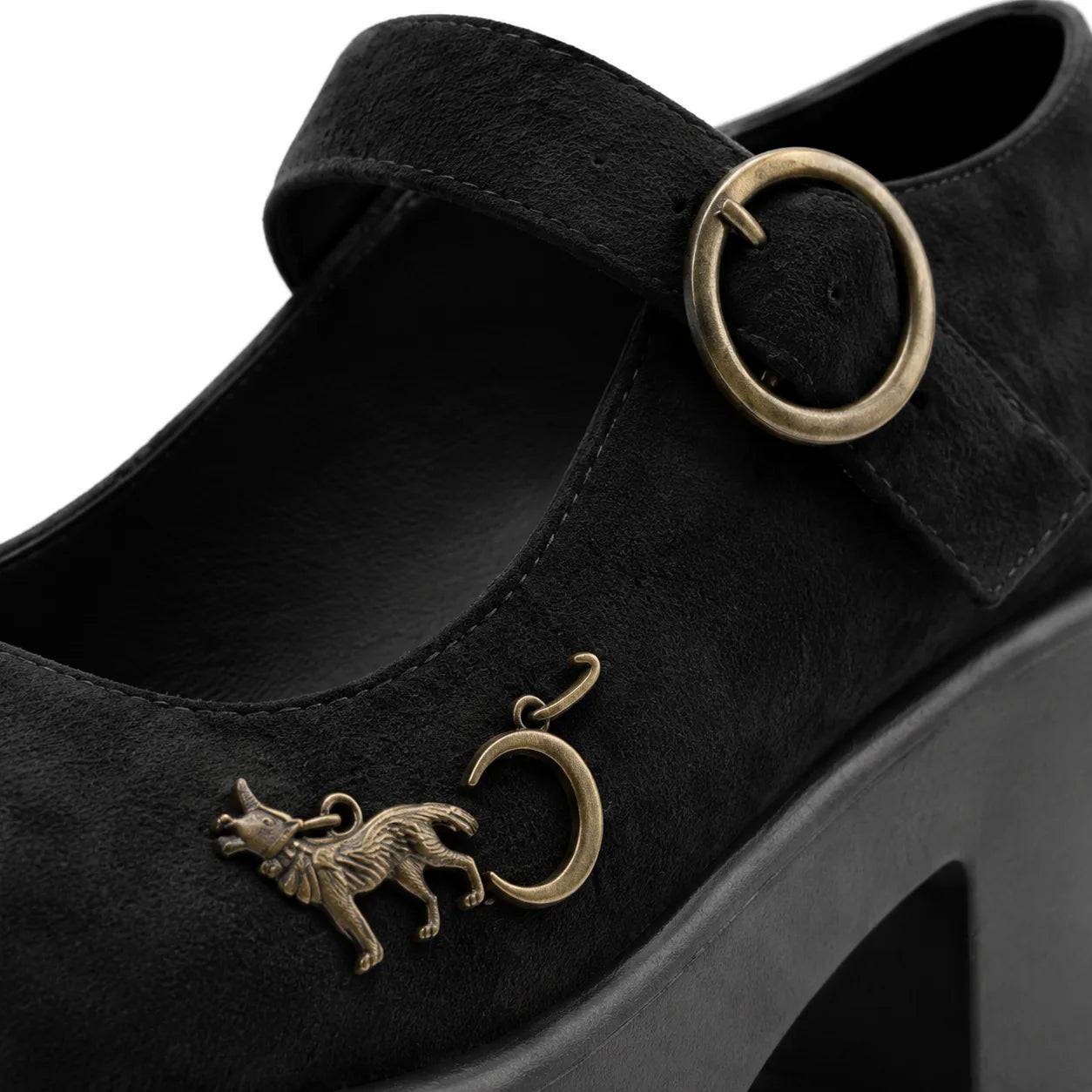 Black Suede Bevagna Buckle Microfiber Flats close-up detail