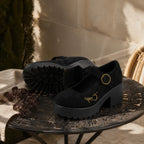 Black Suede Bevagna Buckle Microfiber Flats styled scene