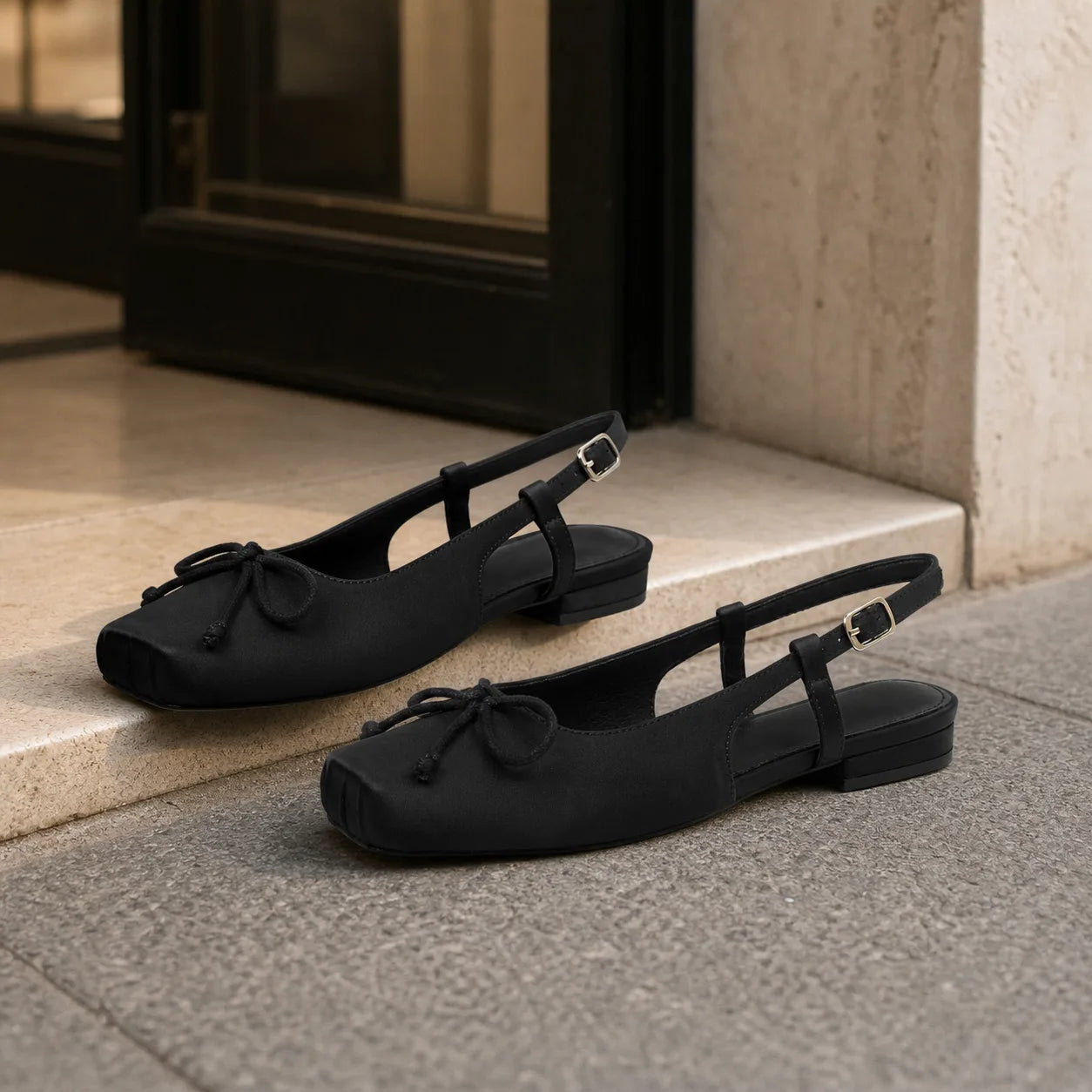 Deep Black Andros Bow Lace-Up Flats styled scene