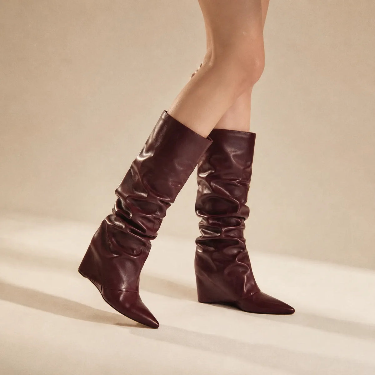 Deep Wine Peschici Leather Wedge Boots on-foot view