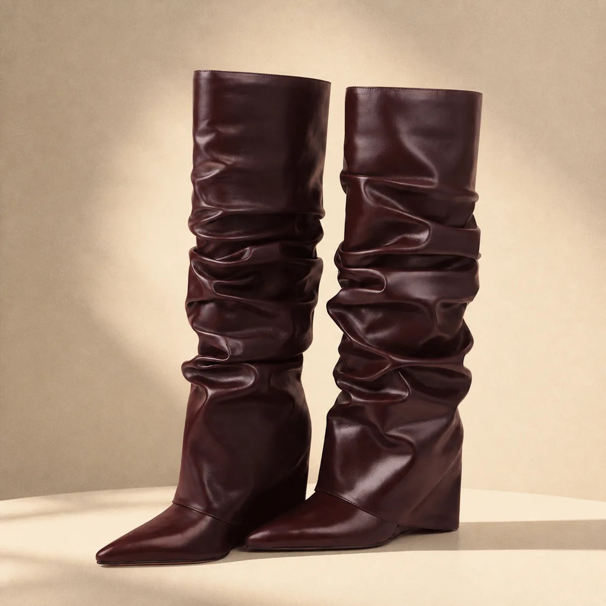 Deep Wine Peschici Leather Wedge Boots styled scene