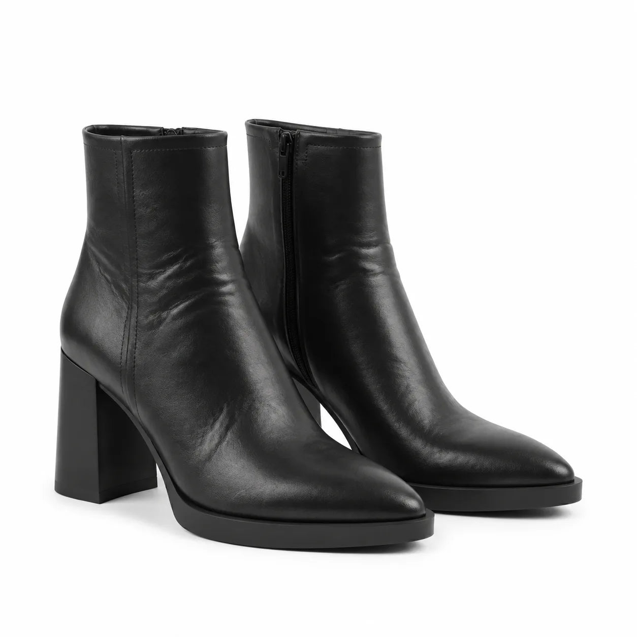 Deep Black Belluno Leather Block-Heel Boots