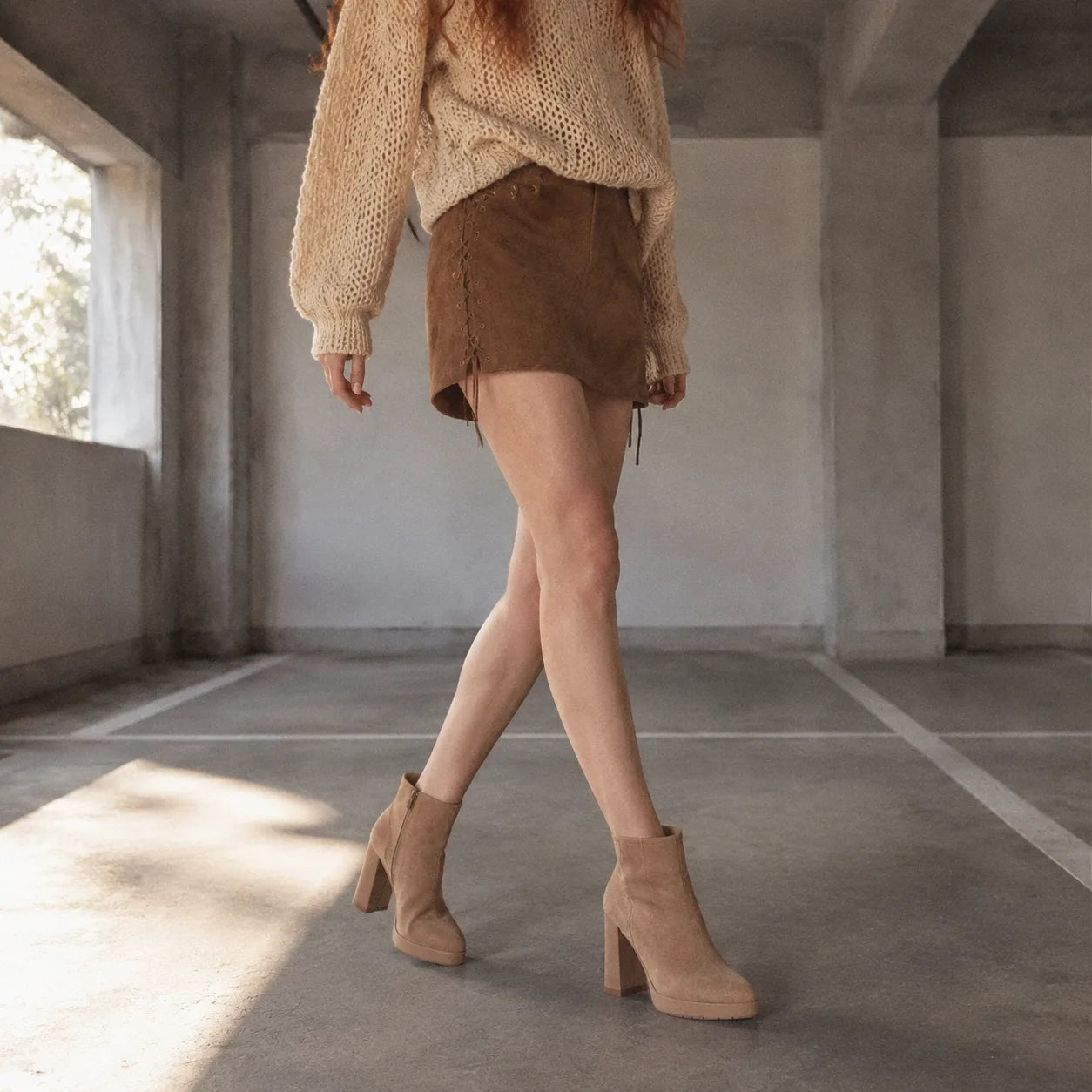 Soft Apricot Belluno Leather Block-Heel Boots lifestyle scene