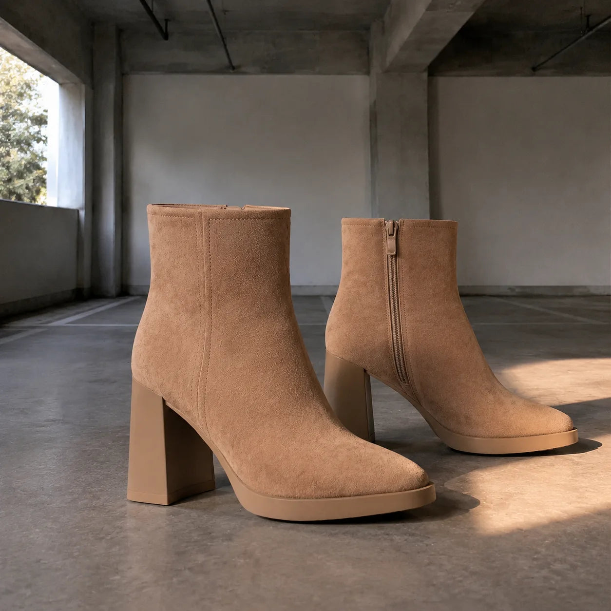 Soft Apricot Belluno Leather Block-Heel Boots styled scene