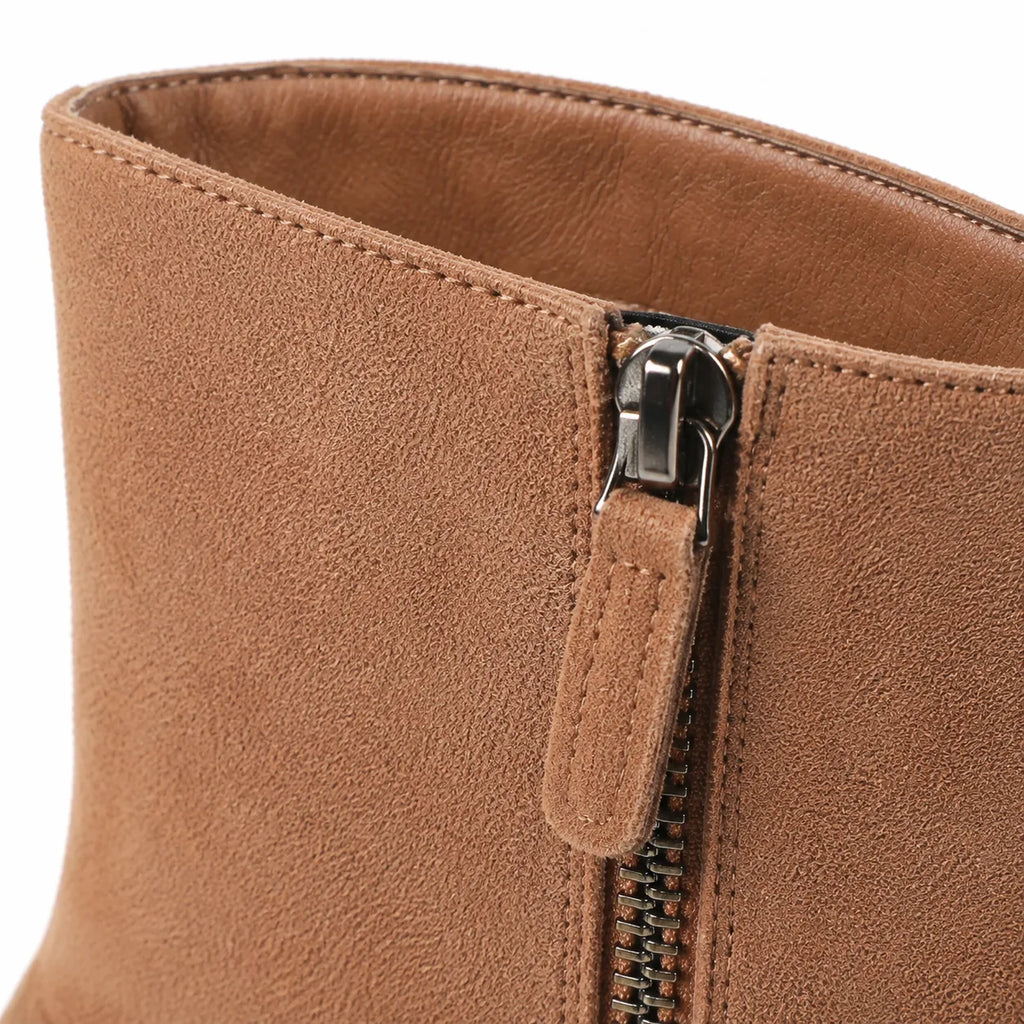 Brown Suede Bormio Leather Kitten-Heel Boots close-up detail