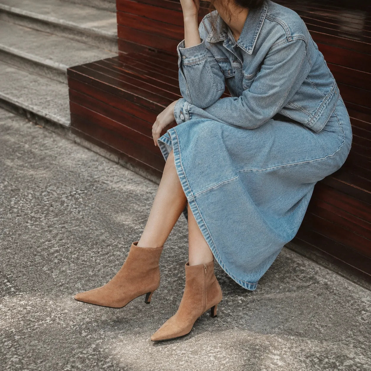 Brown Suede Bormio Leather Kitten-Heel Boots lifestyle scene
