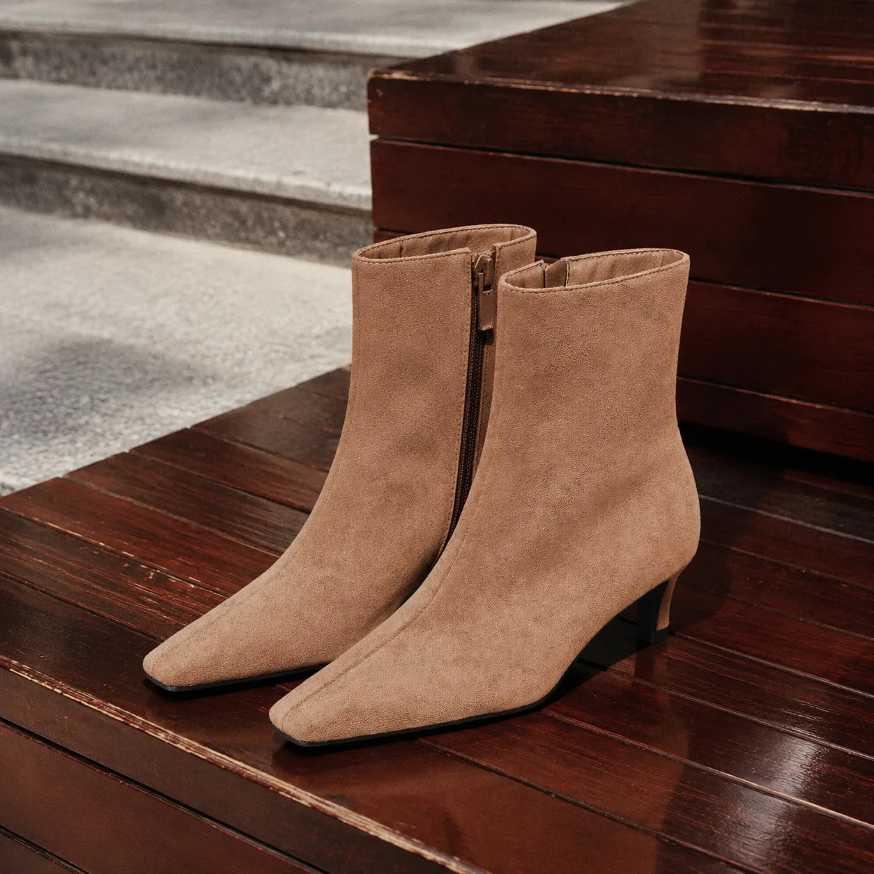 Brown Suede Bormio Leather Kitten-Heel Boots styled scene
