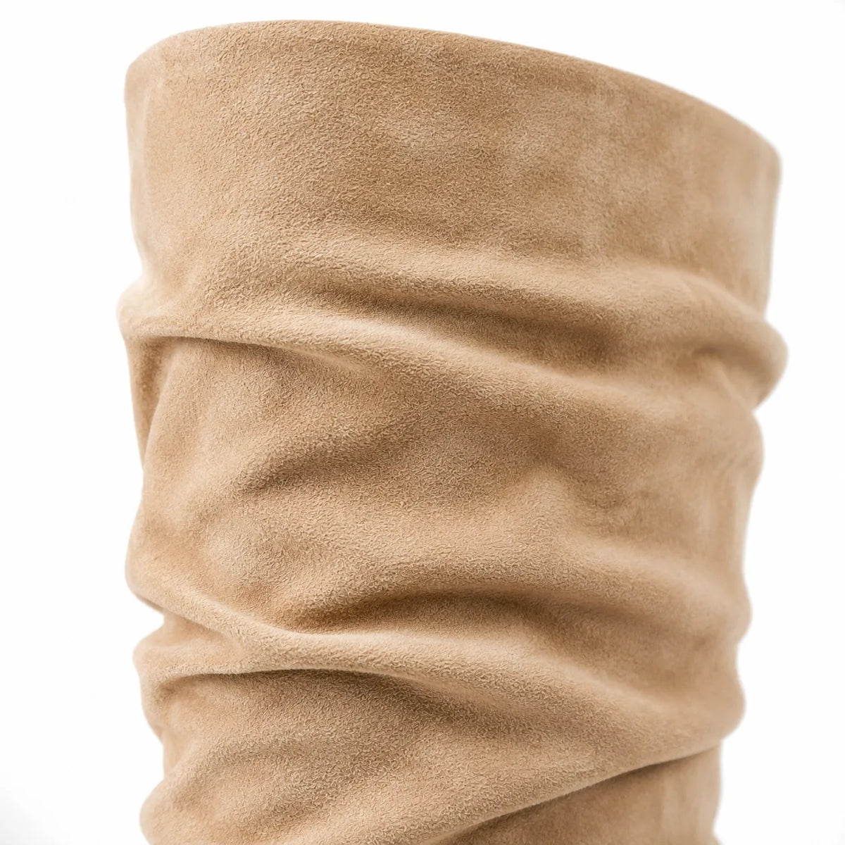 Soft Apricot Levanto Ruched Block-Heel Boots close-up detail