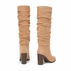 Soft Apricot Levanto Ruched Block-Heel Boots heel detail